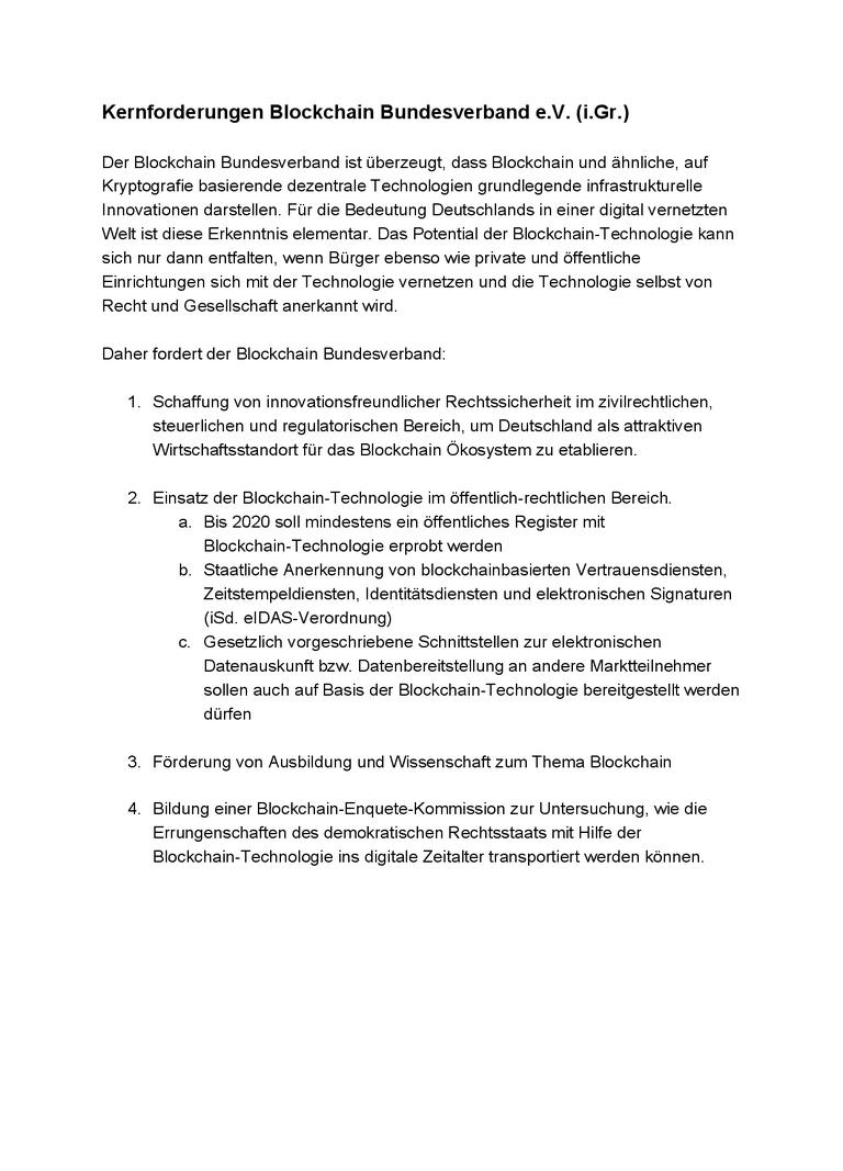 Kernforderungen Blockchain Bundesverband e.V. (i.Gr.)