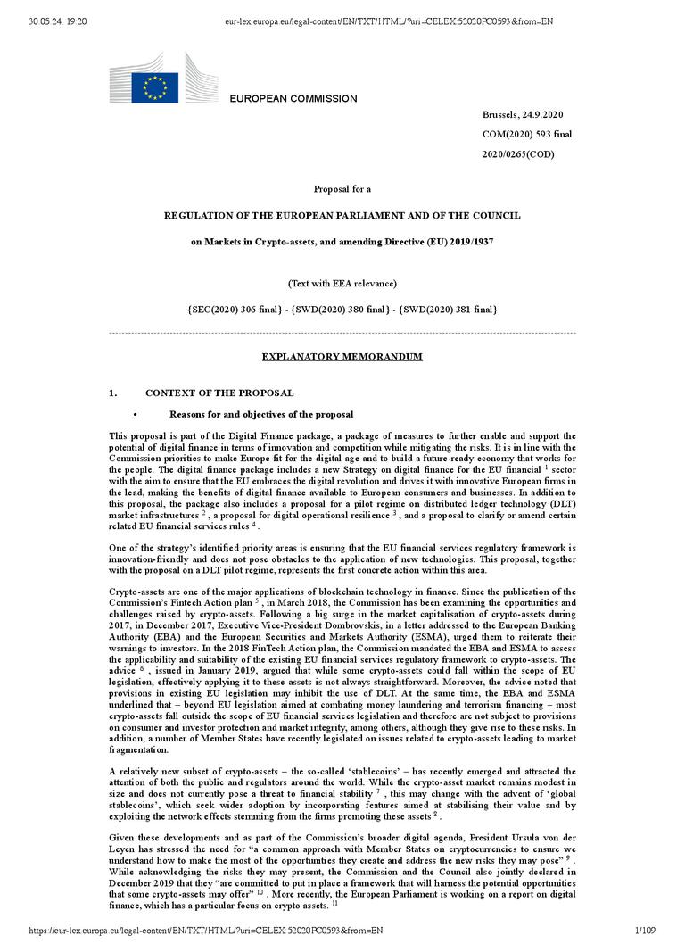 Proposal for a Regulation of the European Parliament and of the Council on Markets in Crypto-assets, and amending Directive (EU) 2019/1937