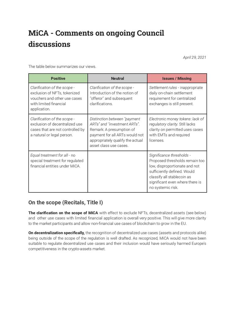 MiCA - Comments on ongoing Council discussions