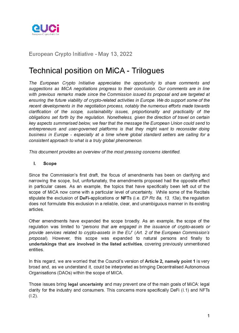 Technical position on MiCA - Trilogues